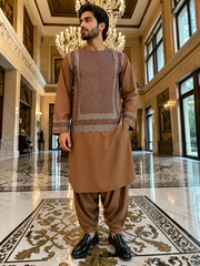 Medium Brown Parahan Tunban with White Embroidery | Traditional Afghan Men’s Wear