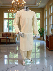 Men’s Cream Parahan Tumban with Matching Embroidery – Afghan Traditional Outfit (Medium)