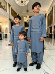 Boys Afghan Parahan Tunban Set – Sky Blue Embroidered Shalwar Kameez | Traditional Afghan Kids Outfit | Luqmaan Boutique Design #24