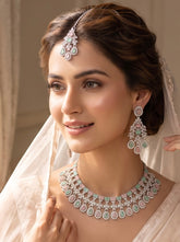 Luxury Pastel Pink & Mint American Diamond Bridal Jewelry Set with Maang Tikka | Premium Brass Statement Necklace & Earrings Gift Box Included 6033