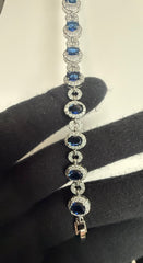 Royal Blue Oval Crystal Link Bracelet – Silver-Tone Halo Statement Bracelet for Women 7126