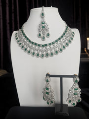 Luxury Emerald Green American Diamond Bridal Jewelry Set with Maang Tikka | Premium Brass Statement Collar Necklace, Earrings & Gift Box Included 6031