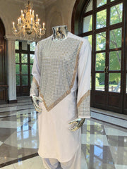 Men’s White Shesha Parahan Tunban Luxury Afghan Outfit with Matching Shawl | Luqmaan Boutique Collection Small