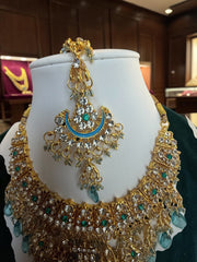 Aqua Blue Indian Pakistani Afghan Bridal Jewelry Set with Earrings & Maang Tikka | Gold Tone Crystal Rhinestone Necklace Set | Gift Box Included 7011