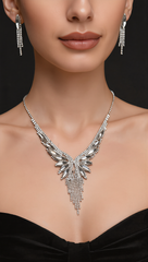Crystal Rhinestone Statement Necklace & Earrings Set – Silver-Tone Leaf Design with Tassel, 7 Color Options