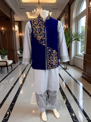 Royal Blue Velvet Vestcoat – Handmade Selma & Borr Borr Gold Embroidery | Men’s Luxury Afghan Waistcoat Medium