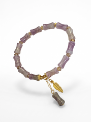 Lilac Marbled Stretch Bead Bracelet with Gold-Tone Leaf Charm