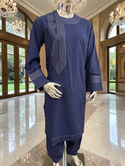Traditional Afghan Parahan Tunban with Machine Embroidery – Navy Blue – XS