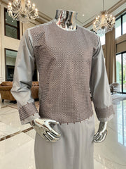 Medium Men’s Light Gray Parahan Tumban with Brown Embroidery – Afghan Traditional Outfit