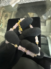 Lilac Marbled Stretch Bead Bracelet with Gold-Tone Leaf Charm