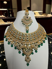 Emerald Green Kundan Bridal Jewelry Set – Gold Tone Indian Pakistani Afghan Wedding Necklace Set with Earrings & Maang Tikka 7016