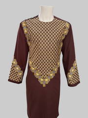 Men’s Maroon Kameez – Maroon with Gold Geometric Machine Embroidery | XL Afghan Traditional Wear