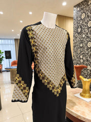 Men’s Black Kameez – Black with Gold, White & Brown Machine Embroidery | Afghan Outfit (XL)