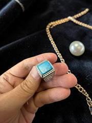 Vintage Turquoise Stone Signet Ring – Silver Tone Statement Ring