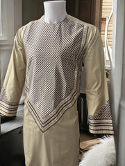 Men’s Beige Parahan Tumban with Brown Embroidery Small