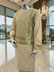 Large Men’s Tan Parahan Tunban with Green & White Machine Embroidery – Premium Afghan Outfit