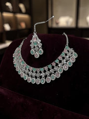 Luxury Pastel Pink & Mint American Diamond Bridal Jewelry Set with Maang Tikka | Premium Brass Statement Necklace & Earrings Gift Box Included 6033