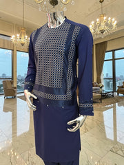 Medium Men’s Navy Blue Parahan Tunban – Premium White/Navy/Brown Machine Embroidery Afghan Outfit