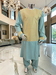 X-Large Turquoise Afghan Parahan Tunban for Men with Machine Embroidery