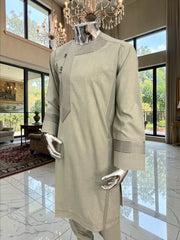 Afghan Parahan Tunban with Machine Embroidery – Olive Sage – XS