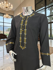 Black Embroidered Afghan Parahan Tunban for Men | Gold & White Detail