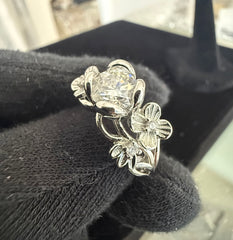 Round Cut Moissanite Floral Ring Silver Tone Nature-Inspired Statement Ring Size 9. 6019