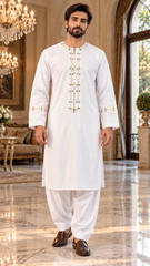 Men’s White Afghan Parahan Tunban with Gold & Brown Embroidery – Traditional Afghan Outfit