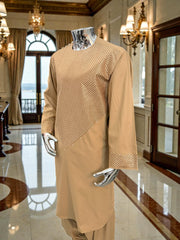 Large Golden Tan Afghan Parahan Tumban with Matching Khamak-Style V-Pattern Embroidery – Men’s Traditional Wear