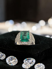 Men’s Emerald Green Zircon Signet Ring – Silver Plated Brass Statement Ring with Halo & Baguette Accents C1