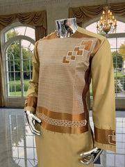 Small Men’s Golden Parahan Tumban with Bronze Geometric Embroidery – Afghan Traditional Outfit