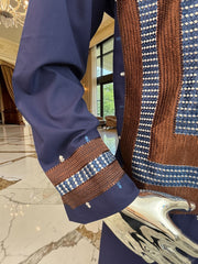 Large Navy Blue Afghan Parahan Tunban with Brown Machine Embroidery Detail