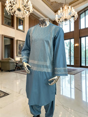 Medium Steel Blue Embroidered Men’s Parahan Tunban Yakhandozi – Premium Traditional Suit