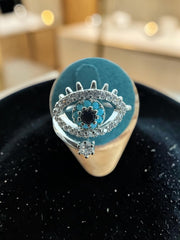 Turquoise Evil Eye Adjustable Statement Ring – Silver Tone Crystal Eye Ring 7150