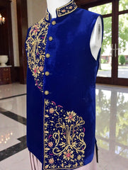 Royal Blue Velvet Vestcoat – Handmade Selma & Borr Borr Gold Embroidery | Men’s Luxury Afghan Waistcoat Medium