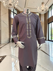 Plum Embroidered Afghan Parahan Tunban for Men with Matching Shawl