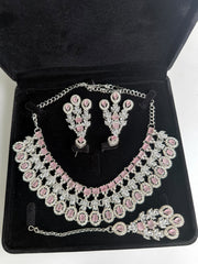 Luxury Blush Pink American Diamond Bridal Jewelry Set with Maang Tikka | Premium Brass Statement Collar Necklace, Earrings & Gift Box Included 6032