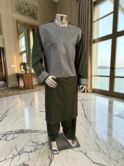 XL Green Afghan Parahan Tunban with Machine Embroidery