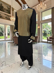 X-Large Afghan Parahan Tunban Kameese Shalwar Black Gold Machine Embroidery