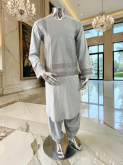 Small Premium Ice Grey Machine Embroidered Parahan Tunban Set with Matching Chadder