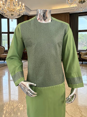 Medium Afghan Parahan Tunban Kameese Shalwar Green Machine Embroidery