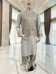 Men’s Sage Gray Embroidered Afghan Parahan Tunban with Matching Shawl – Medium 7232
