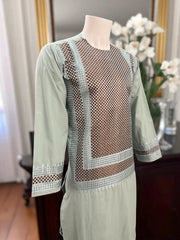 Men’s Pistachio Green Kameez with Brown and Matching Machine Embroidery – Afghan Traditional Wear | Luqmaan Boutique (Medium)