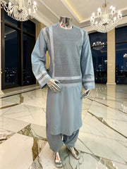 X-Large Sky Blue Kandahari Parahan Tunban for Men | Premium Afghan Traditional Wear