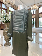 Kids Afghan Parahan Tunban (Shalwar Kameez) – Olive Green Embroidered Traditional Outfit for Boys Design #24