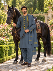 Men’s Hand-Embroidered Afghan Parahan Tunban 3-Piece Set with Shawl – Slate Blue