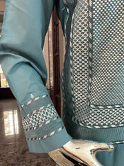 Men’s Teal Kameez with White and Teal Machine Embroidery – Medium Size | Premium Afghan Traditional Wear