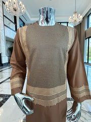 Medium Copper Brown Afghan Shalwar Kameez with Gold Embroidery | Premium Men’s Traditional Wear