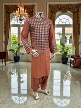 Small Men’s Caramel Brown Parahan Tumban with White & Tan Embroidery | Luxury Afghan Outfit with Matching Shawl