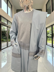 Men’s Blue Gray Embroidered Afghan Parahan Tunban with Matching Shawl – XXL