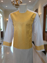 Medium White and Gold Afghan Parahan Tunban for Men with Machine Embroidery